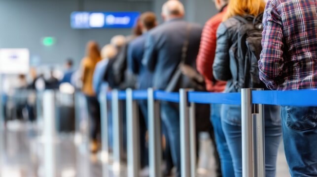 People waiting in a long queue line at airport check-in