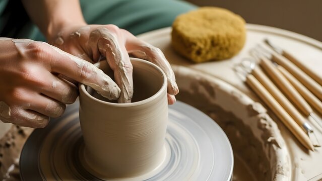 Potter shaping a clay cup on a spinning wheel in a creative workshop setting