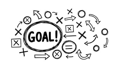 Black and white doodle illustration with the word "GOAL!" in a circle surrounded by arrows and symbols