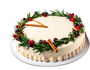 Cake decorated with greens, berries, and cinnamon sticks resembling clock hands, on white stand