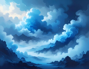Dreamy skyscape above mountains, ethereal glow, deep blues & whites