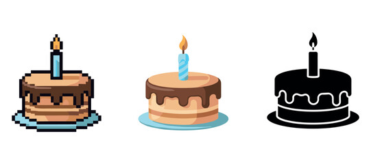 Three styles of birthday cakes with lit candles: pixel, cartoon, silhouette designs