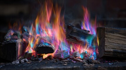 Fototapeta premium Vibrant rainbow-colored flames dancing over logs in a wood fire.