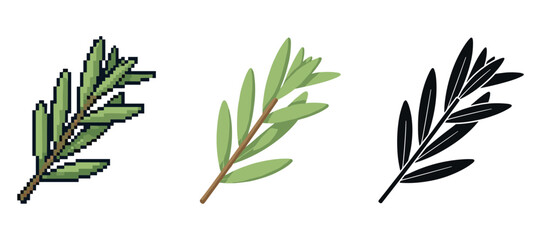 Obraz premium Three styles of olive branch: pixel, vector, silhouette on white background