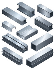 Assorted metal structural shapes & profiles in a 3D isometric view