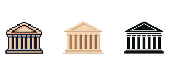 Naklejka premium Pixel, minimalist, and silhouette bank icons - financial building vector set