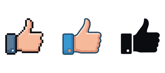 Obraz premium Three thumbs up icons in pixel, flat, and solid styles on white background