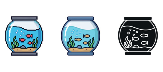 Three aquarium icon variations in pixel, cartoon, and silhouette styles