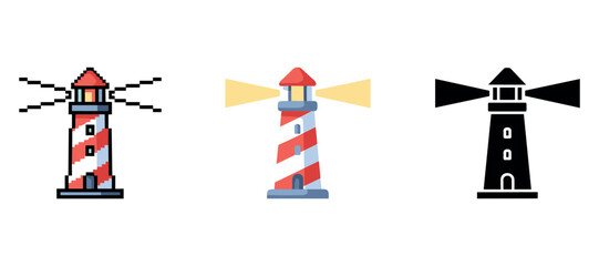 Obraz premium Pixel, flat, and silhouette lighthouse icons with red and white stripes