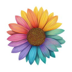 A vibrant multicolored sunflower drawing with a detailed brown center and petals in a rainbow of colors isolated on a transparent background