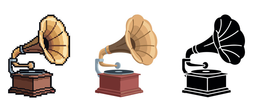 Vintage gramophone trio: pixel art, realistic, and silhouette designs