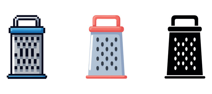 Set of three cheese graters in colorful and black silhouette styles