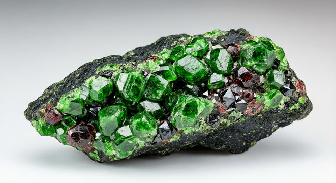 A collectible geological specimen of bright green chrome diopside crystals known as Siberian Emerald.