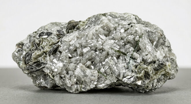 A collectible geological specimen of crystalline sugar magnesite with a typical grained white texture in silvery-gray talc schist with long, acicular crystals of green actinolite.