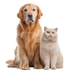 Fototapeta premium Golden Retriever dog and cream British Shorthair cat sitting together isolated on a transparent background