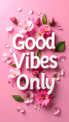 Good Vibes Only" text amidst soft pink flowers & petals on a pastel pink background