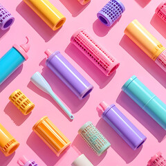 Patterned hair rollers in various colors on pink background