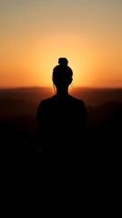 Fototapeta premium Generative AI Silhouette of a Person Over Sunset Horizon with Warm Glowing Sky
