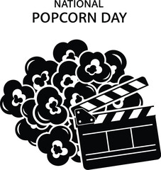 A popcorn pile next to a movie clapperboard signifies cinema snacks.