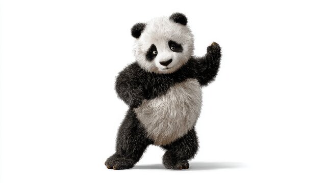 Cute dancing panda bear with raised paw on white background.
