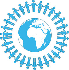 Blue globe earth vector illustration with circle of diverse people holding hands for global unity world peace community and international cooperation concept