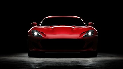 Fototapeta premium Sleek red sports car in dramatic lighting with illuminated headlights.
