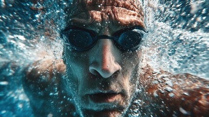 Elderly caucasian male swimmer underwater close-up with goggles and bubbles.