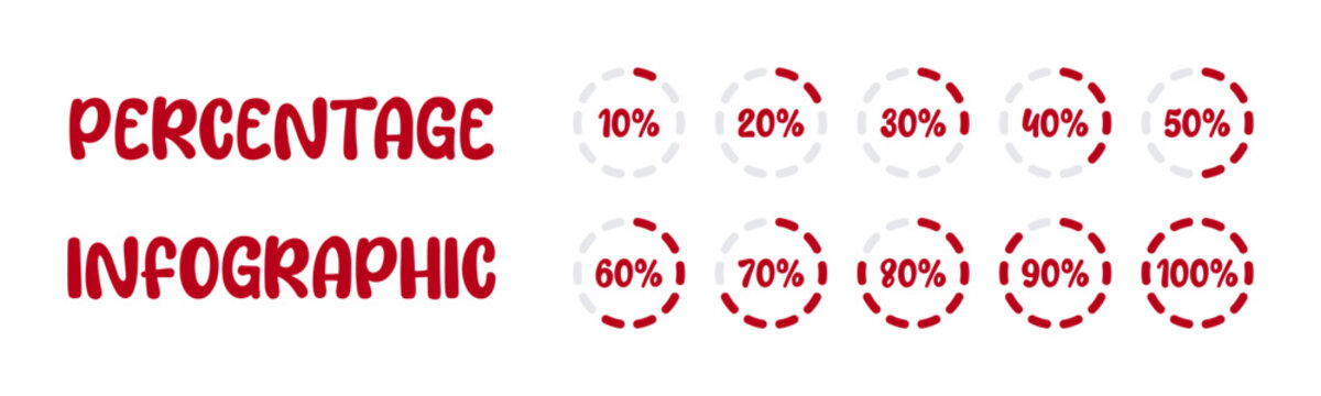 Vector percentage infographic set with circular progress bars from 10 to 100 percent in ten percent steps, designed in red gray colors for analytics, reports, dashboards, presentations, visualizations