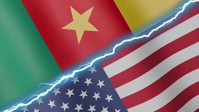 Two waving flags Cameroon and United States with diagonal lightning seamless, 4k loop