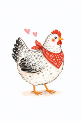 Fototapeta premium Gallina con un pañuelo rojo en el cuello con corazones rosas en el aire 