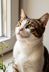 Portrait of an Attentive Tabby Cat with Striking Markings and Bright Eyes Gently Perched by a Sunlit Window Beside Delicate Greenery