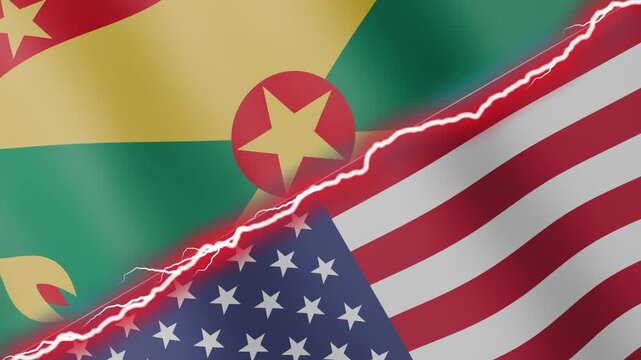 Two waving flags Grenada and United States with diagonal lightning seamless, 4k loop