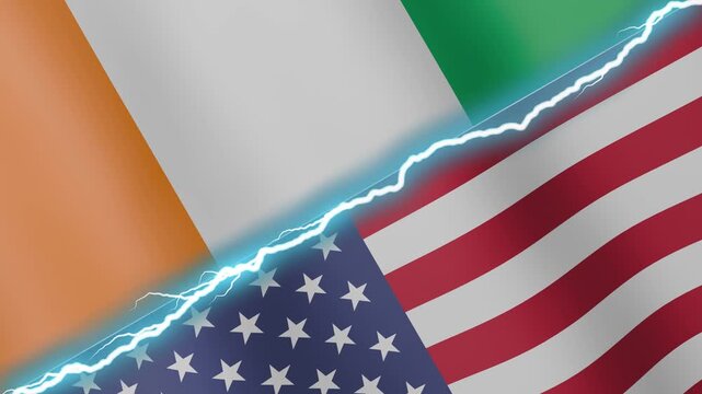 Two waving flags Ivory Coast and United States with diagonal lightning seamless, 4k loop