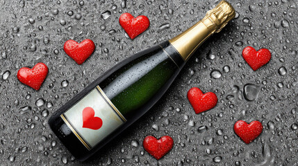 Romantic Celebration Theme with Champagne Bottle and Red Heart Decorations on Wet Surface