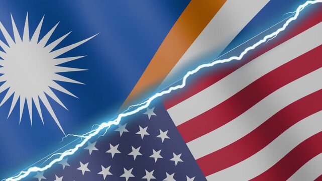 Two waving flags Marshall Islands and United States with diagonal lightning seamless, 4k loop