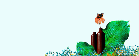 Modern floral set with tropical Hosta leaves, soaked flower bud, Monarch butterfly, clay brown bottles, gypsophila paniculata painted. Abstract sustainability, earthy wallpaper