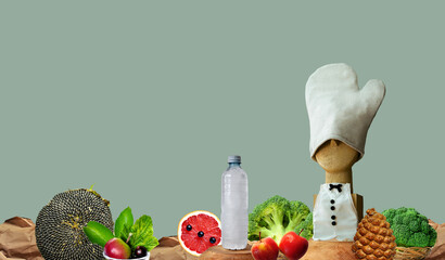 Water, Vegetables, fruits abstract background with chef miniature. Apples, broccoli, seeds,...