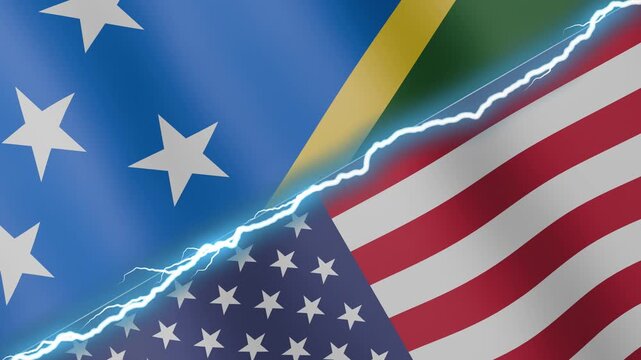 Two waving flags Solomon Islands and United States with diagonal lightning seamless, 4k loop