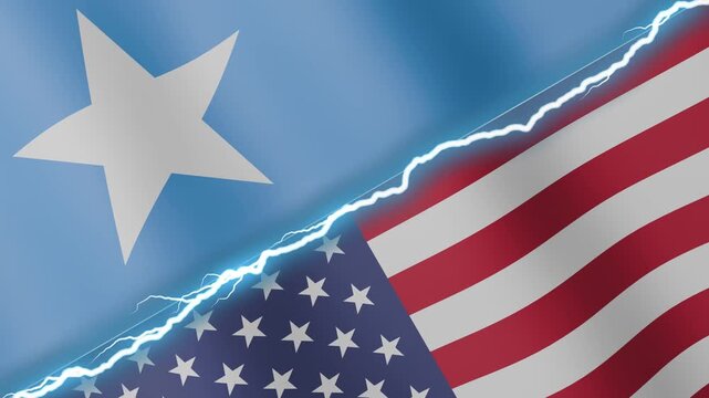 Two waving flags Somalia and United States with diagonal lightning seamless, 4k loop