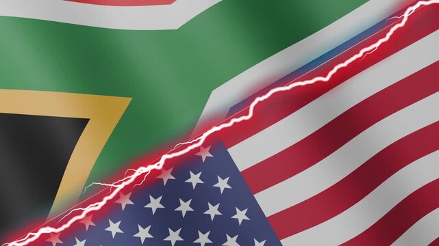 Two waving flags South Africa and United States with diagonal lightning seamless, 4k loop