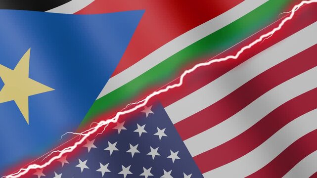 Two waving flags South Sudan and United States with diagonal lightning seamless, 4k loop