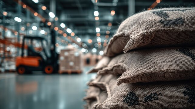 Burlap sacks stacked in a large distribution warehouse with a forklift in the background