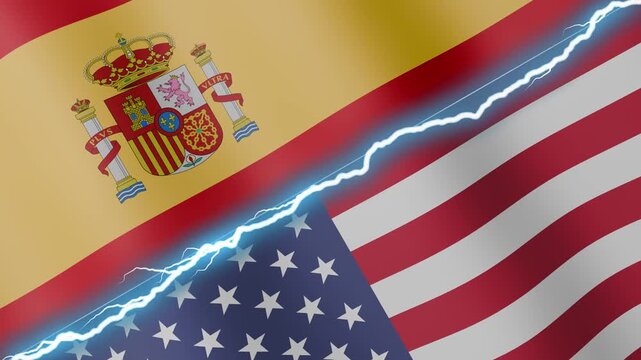 Two waving flags Spain and United States with diagonal lightning seamless, 4k loop