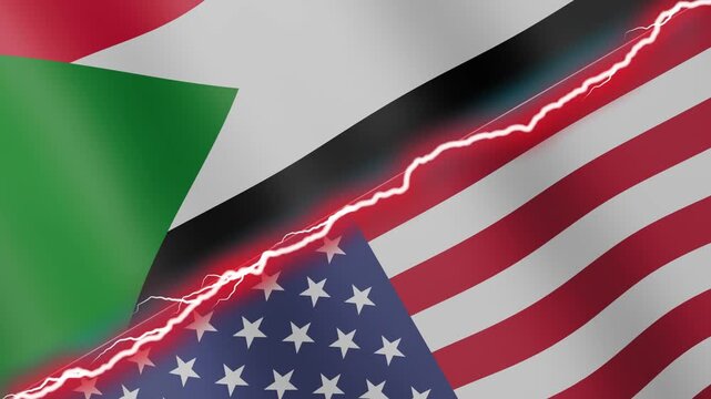 Two waving flags Sudan and United States with diagonal lightning seamless, 4k loop