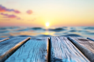 Serene sunset over ocean horizon with wooden pier for tranquil getaway or relaxation themes