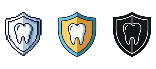 Fototapeta premium Tooth protection shield icons: pixelated, colored, monochrome variations