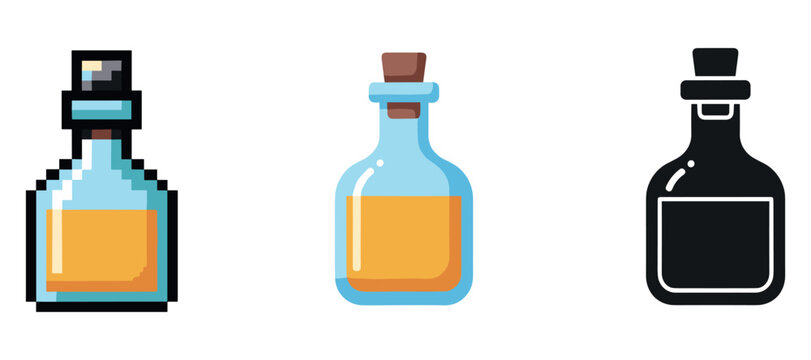 Icon set of potion bottles: pixel art, cartoon, silhouette styles