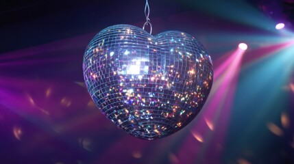 Heart-shaped disco ball at vibrant party with colorful lights.