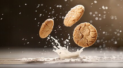 Cookies are suspended in mid-air, splashing milk below while droplets scatter in a kitchen setting with warm light