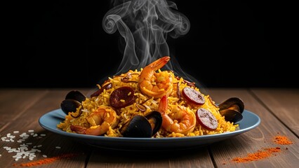 Steaming plate of seafood paella with shrimp and mussels on a wooden table